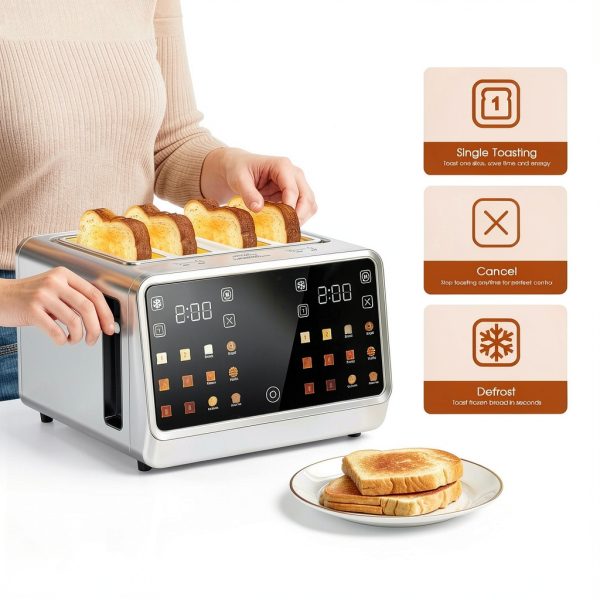 Smart Toaster 4 Slice Wide Slot– Dual Digital TouchScreen & Independent Control for Family | 1800W Stainless Steel for 6 Bread Types & Toast Settings | Defrost Reheat & Single-Slice Modes-2