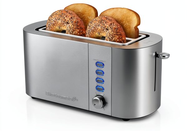 Elite Gourmet ECT4123 Long Slot 4 Slice Toaster, Extra Wide 1.5" and 5.1" Deep Slots, Bagel, Defrost & Cancel Functions, 6 Toast Shade Settings, Fits Bagels, Waffles, Artisan Breads, Stainless Steel-0